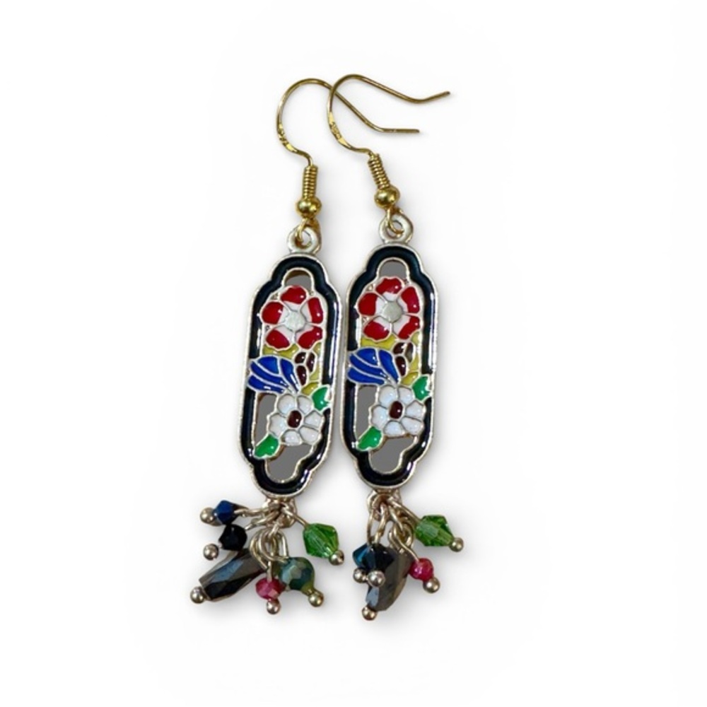 Colorful Handmade Floral Dangle Enamel Earrings with Gold-Plated Ear Wires 3/$25